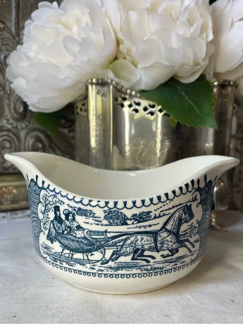 Currier & Ives sleigh ride, blue and white ceramic gravy boat vintage